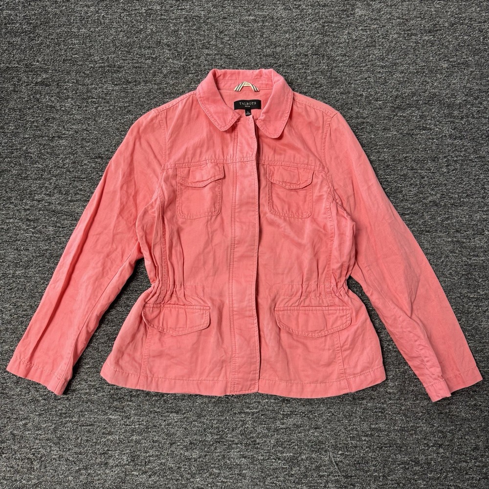 Women’s Talbots Petite Coral Pink Linen Babydoll Zip Up Blouse Top - Size L