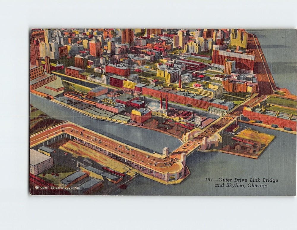 Postcard Aerial View Outer Drive Link Bridge & Skyline Chicago Illinois USA