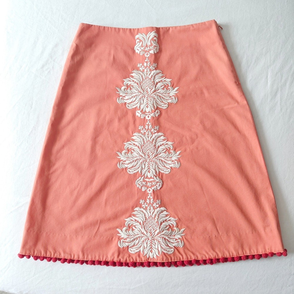 Elevenses Anthropologie Coral Pink Embroidered Pom Pom Knee Length Skirt Size 2