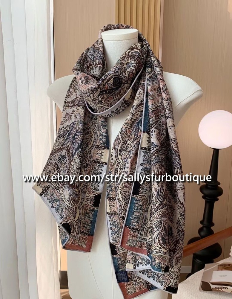 Sallys 70% Cashmere & 30% Silk Paisley Print Mens Wrap Double Face Oblong Scarf