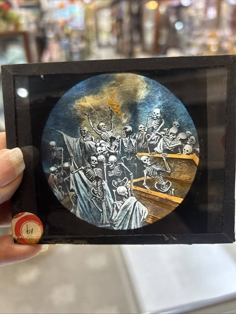Antique Glass Magic Lantern Slide Hand Painted Skeleton Danse Macabre Halloween