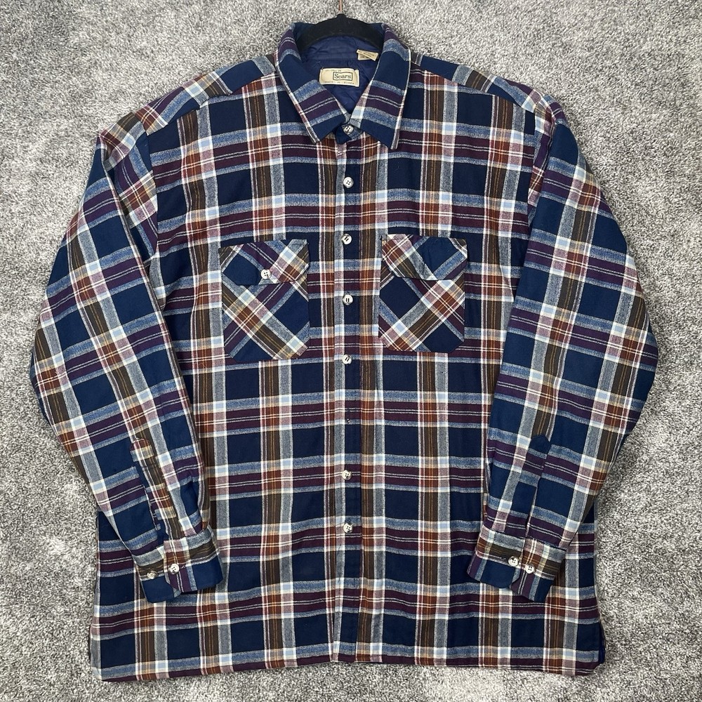 Vintage Sears Lined Shirt Shacket Mens 2XL Flannel Blue Plaid Woven Quilted