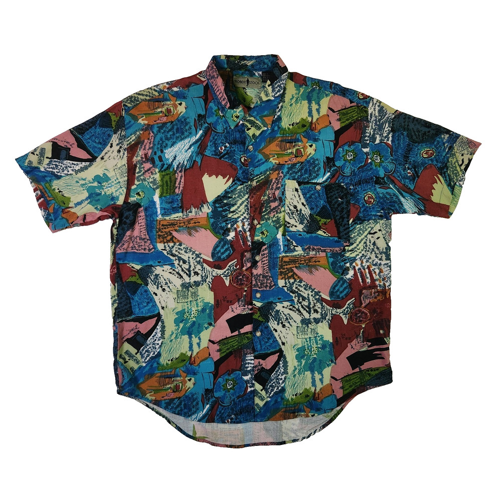 Vintage Robert Stock Bold Abstract Print Rayon Shirt Mens Large Graffiti 90s-image