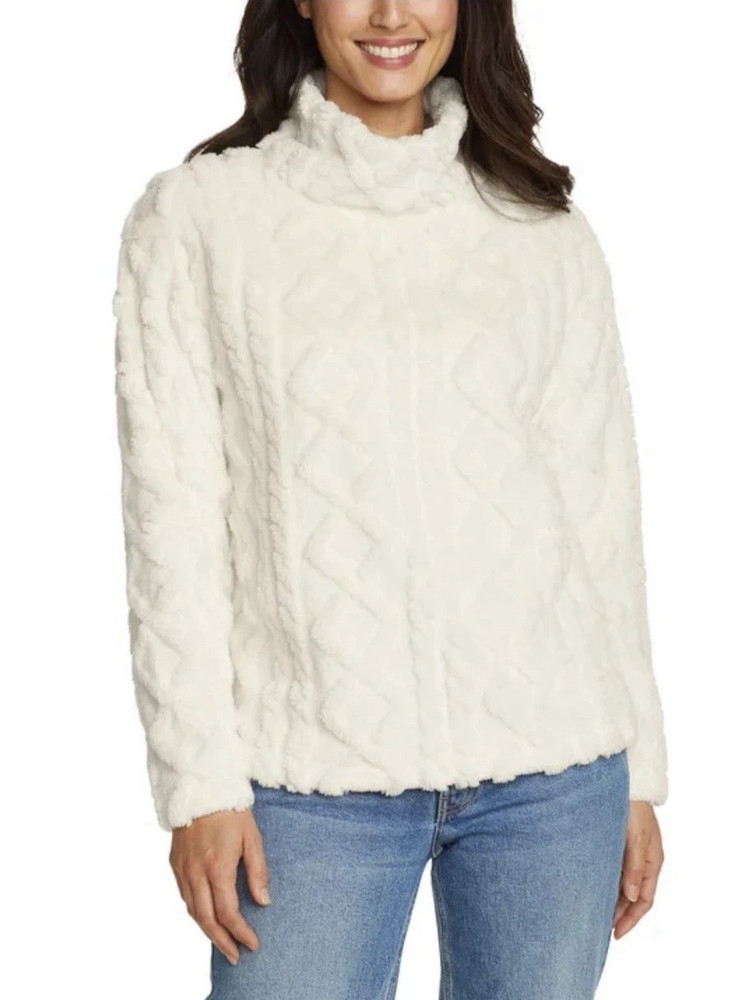 Eddie Bauer Women's Ultrasoft Cable Fleece Pullover, Ivory, Size L