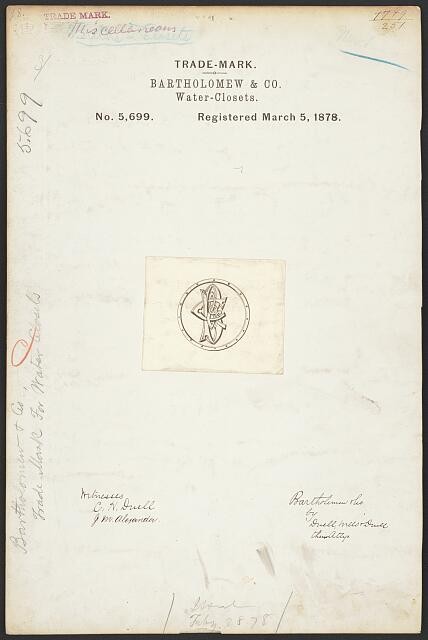 Bartholomew & Co 1878 Trademark Registration Water Closets B&Co Brand