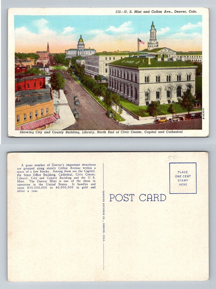Denver, CO-Colorado, U.S. Mint and Civic Center Colfax Ave View Vintage Postcard