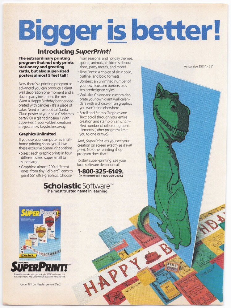 Scholastic SuperPrint Computer Software Magazine Ad 1988 Apple MS-DOS