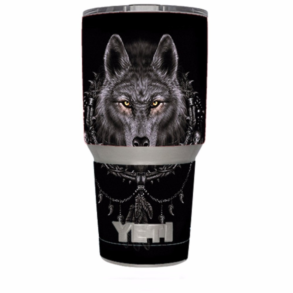 Skin Decal for Yeti 30 oz Rambler Tumbler / Wolf dreamcatcher back white