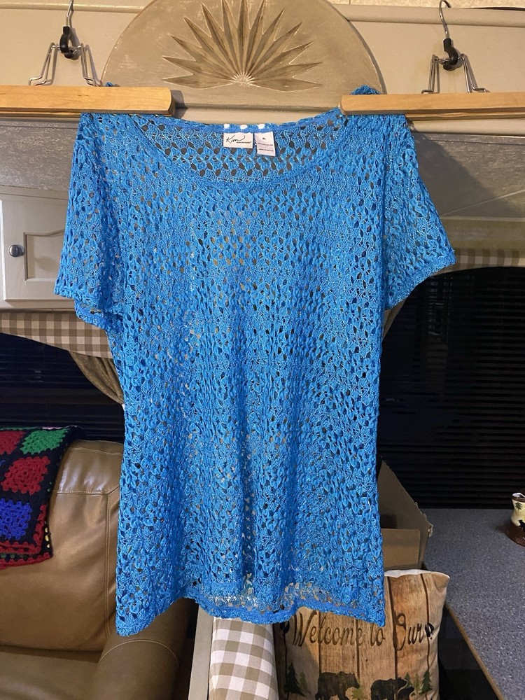 Kim Rogers Top XL Blue Open Knit Crochet Short Sleeve Blouse Pullover Sheer