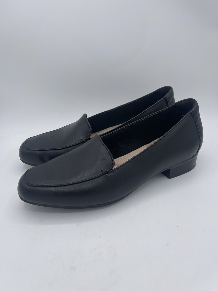Clarks Juliet Lora Black Leather Heeled Loafers Women Size 7 Wide