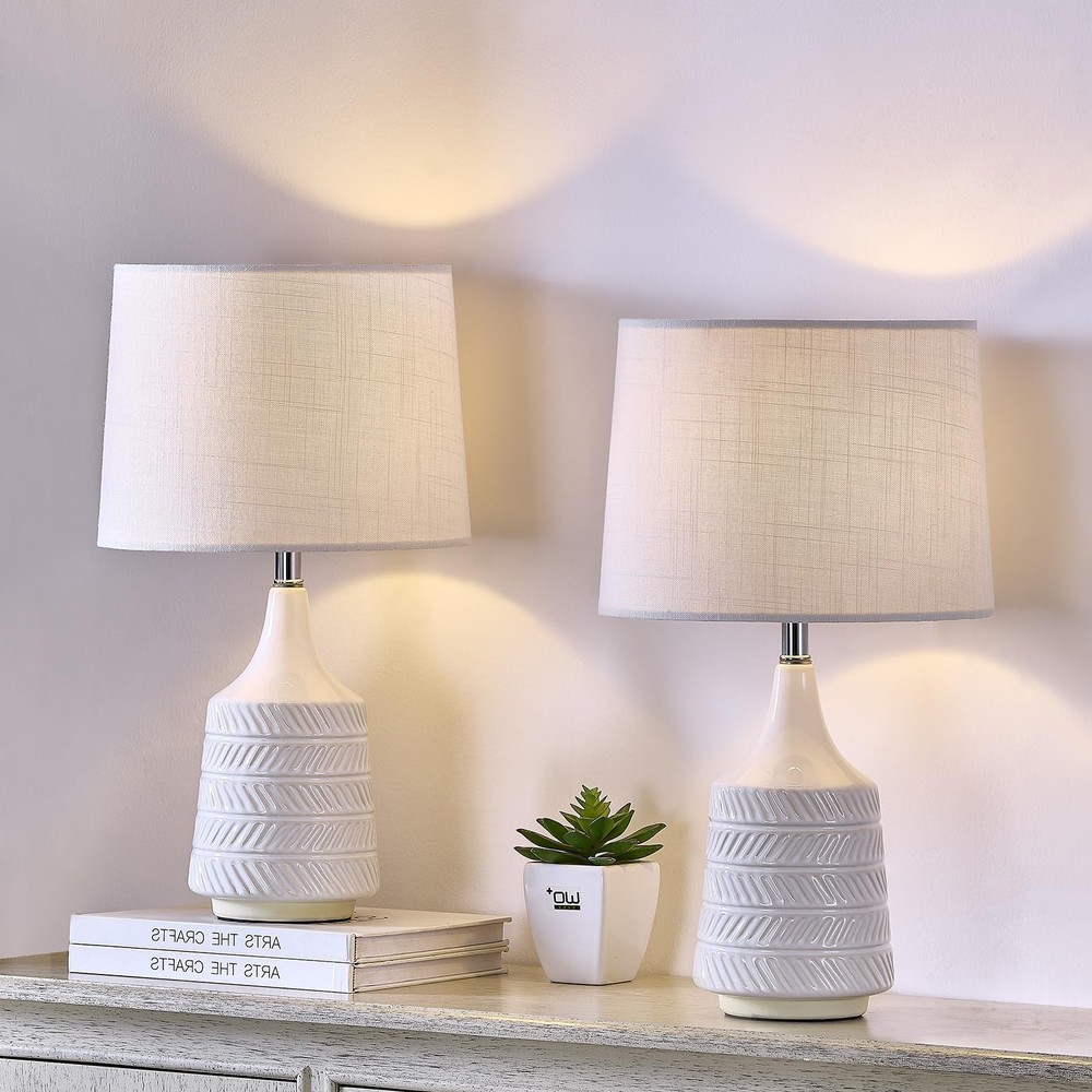 White Ceramic Table Lamps Set of 2, Decor Farmhouse Lamps for Living Room End...