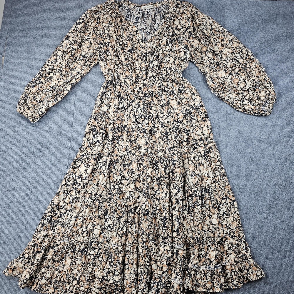 Ulla Johnson Anzu Midi Dress Womens 2 Marbled Print Neutral Tiered Cottage