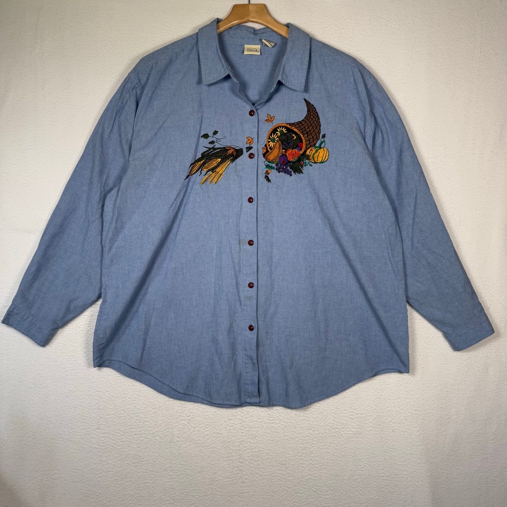 Falls Creek Women’s Vintage 90s Denim Button Up Shirt Fall embroidered Plus Size