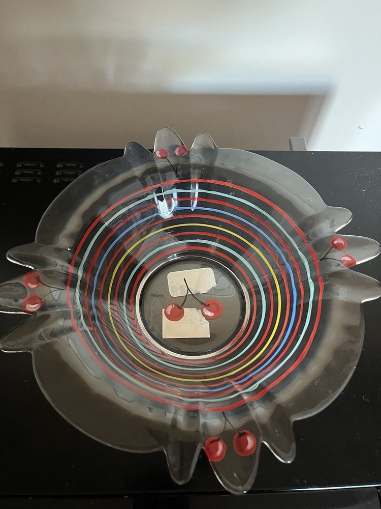 Blue Sky Glass Bowl Rainbow Stripes Scalloped Rim Cherries