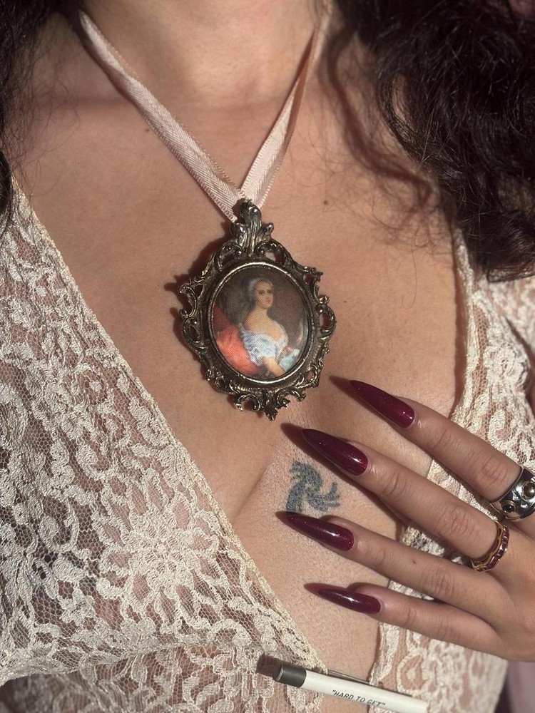 Vtg Baroque-Style Fabric Portrait Pendant, Adjustable Necklace or Wall Hanging