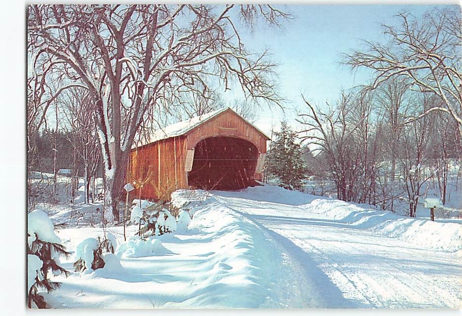 Postcard Merry Christmas . . . with Covered Bridge Landscape Scenery