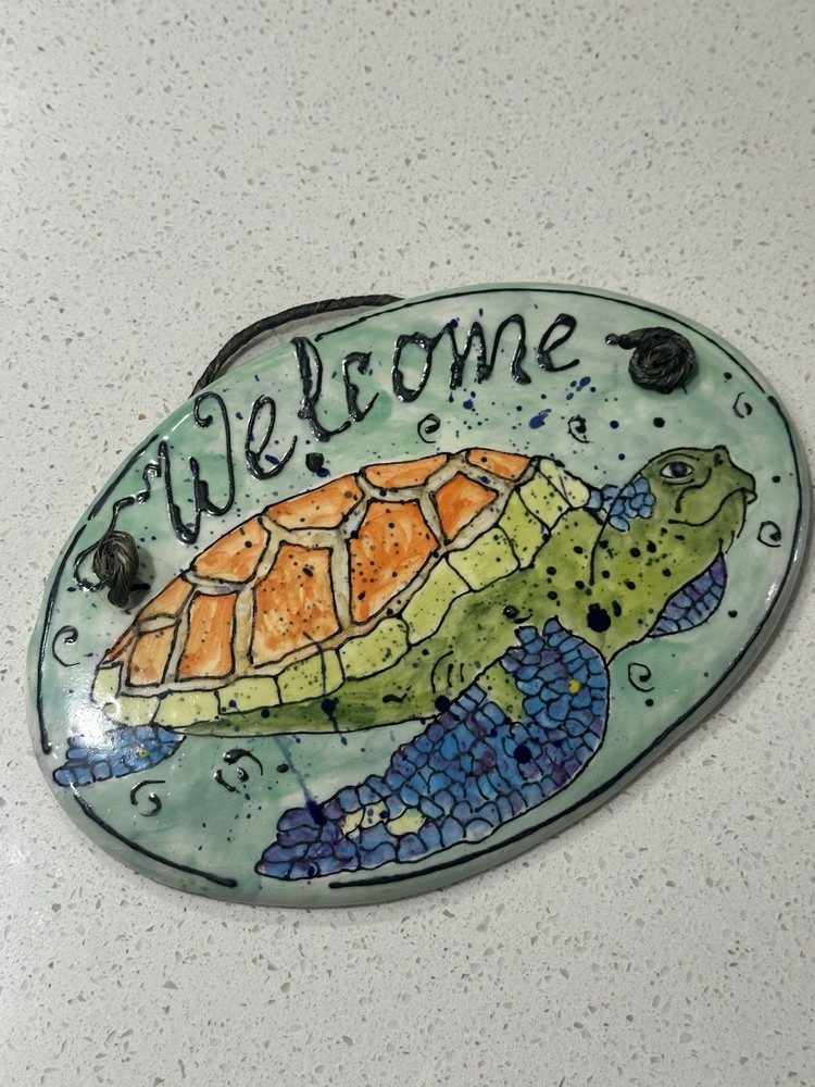 Handmade Turtle Ceramic Welcome Sign Wall Hanging Coastal Beach Decor Plaque