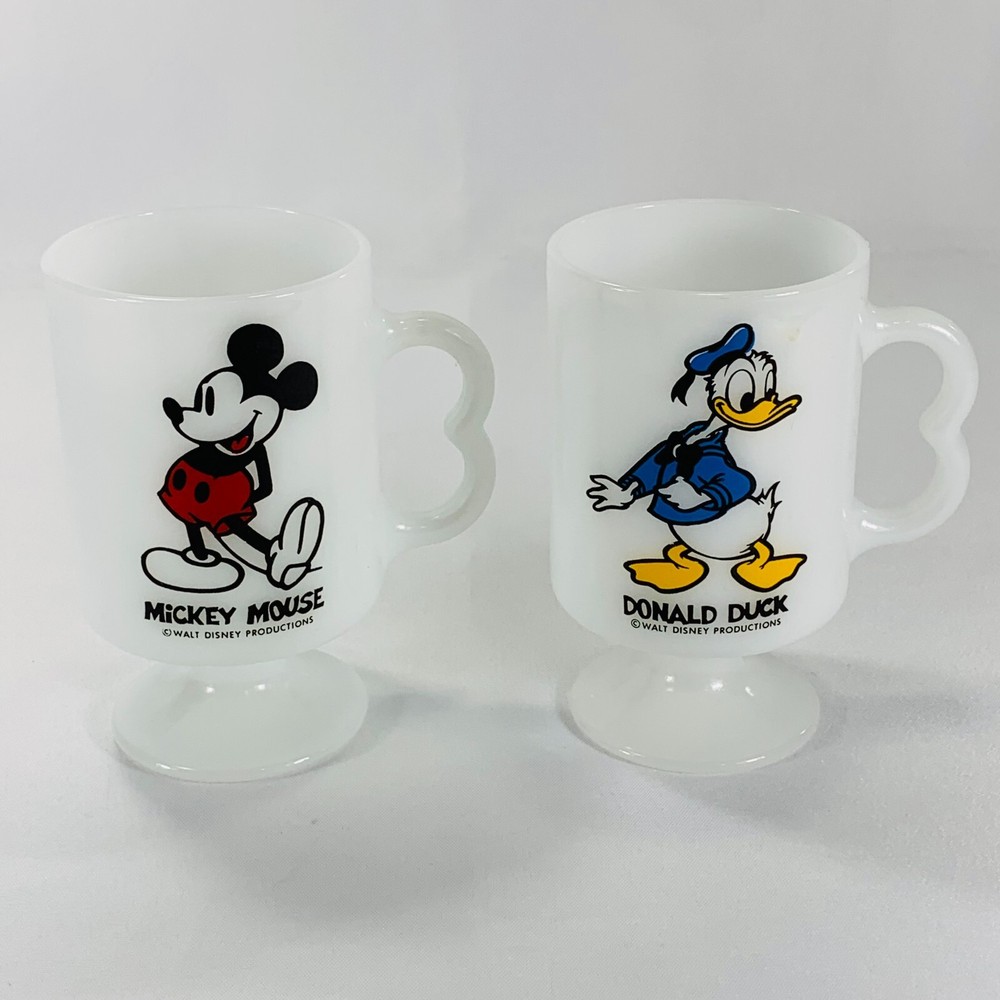 Vintage Disney Mickey Mouse Donald Duck Milk Glass Pedestal Mug Set - Disneyana Collectible  