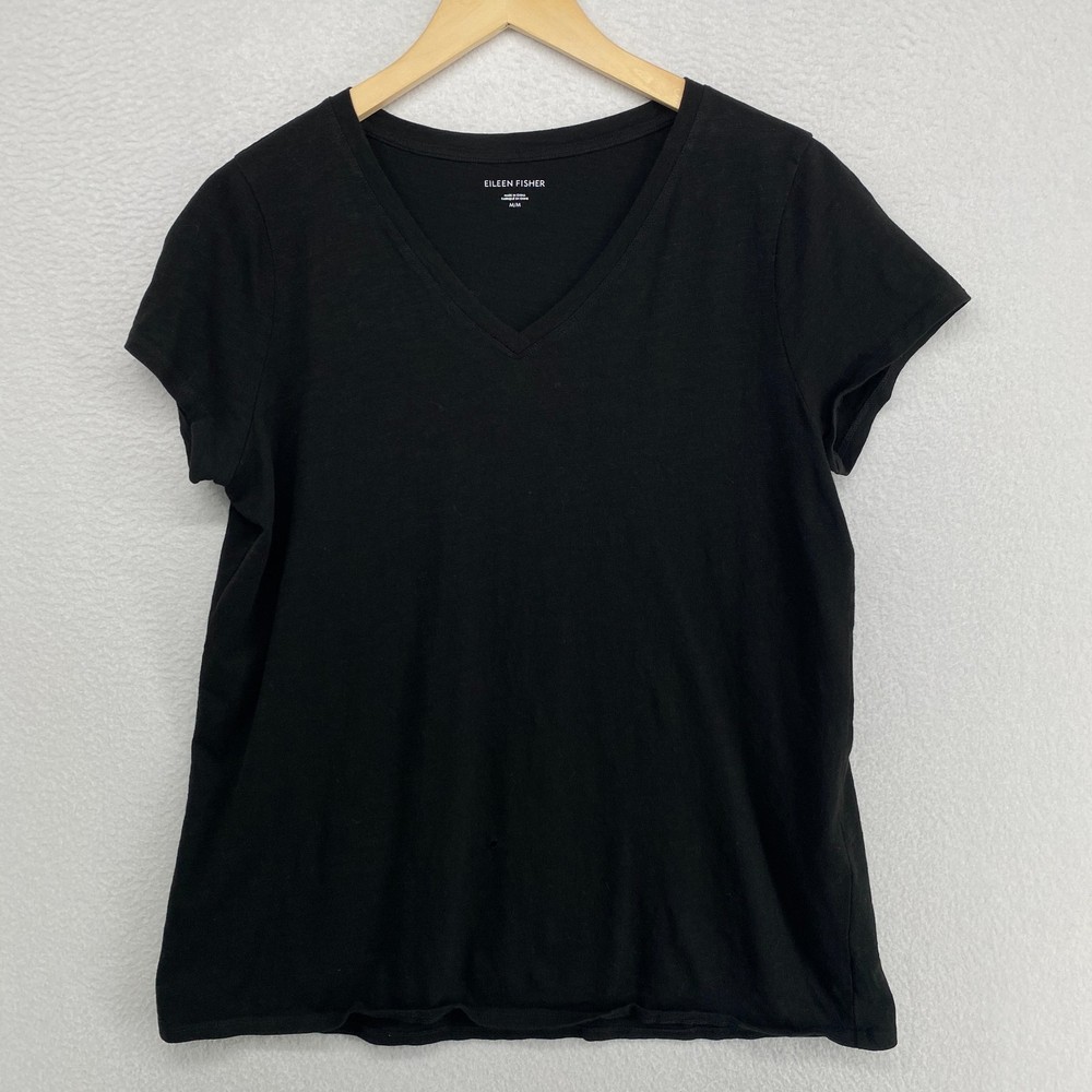 EILEEN FISHER Top M Slub Organic Cotton Jersey V-Neck Short Sleeve Basic Black