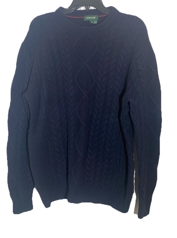 Orvis Fisherman’s Sweater Men’s L Navy Blue Chunky Cable-Knit Vintage