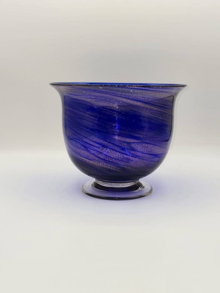 Cobalt Blue Art Glass Pedestal Vase Aventurine Swirl Hand Blown Bowl Form