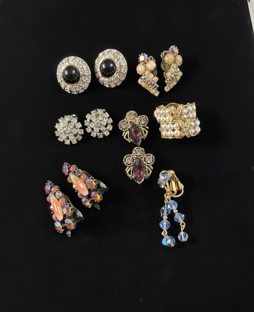 Vintage Costume Earrings Lot of 7 Rhinestone Clip Back.one signed roman