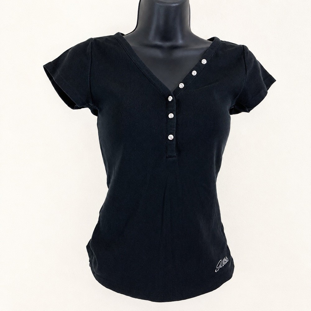 Guess Black Ribbed Rhinestone V Neck Baby Tee Y2K Inspired Size M