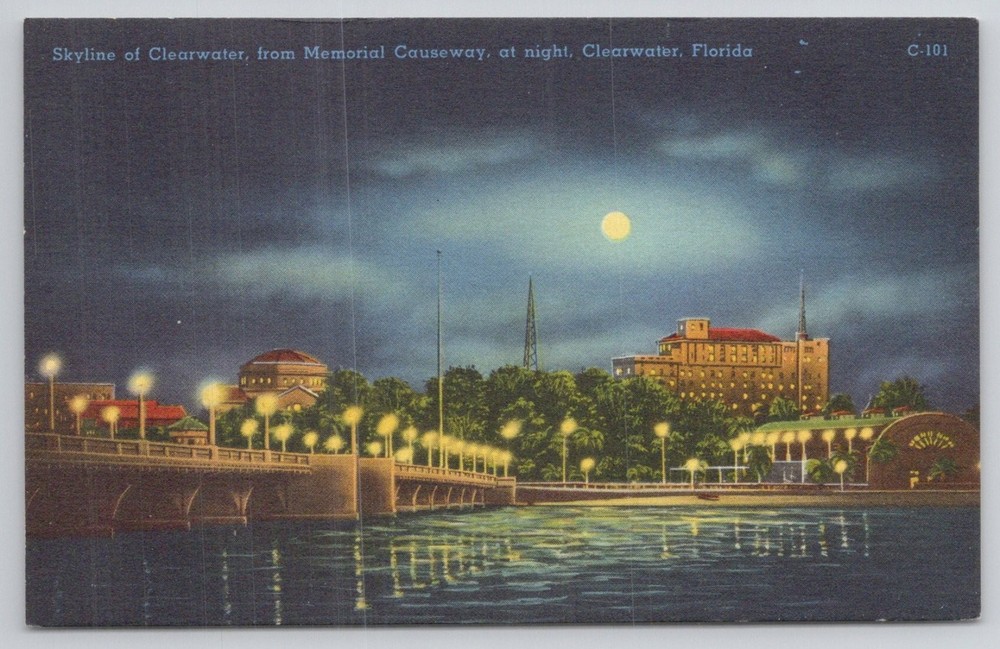 Clearwater Florida Skyline Memorial Causeway Night Linen Postcard 1930s