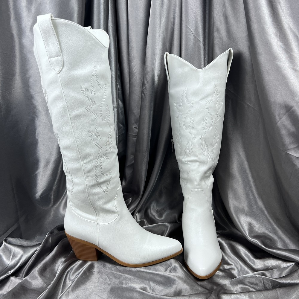 Women's Wide Calf Western Boots Sz 8.5 W Knee High Zip Chunky Heel Pointed Toe