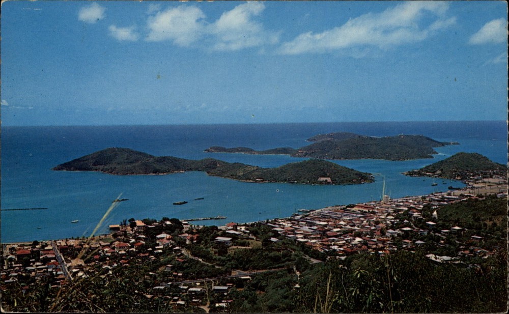 Harbor and Islands St Thomas Virgin Islands Aerial vintage postcard s619