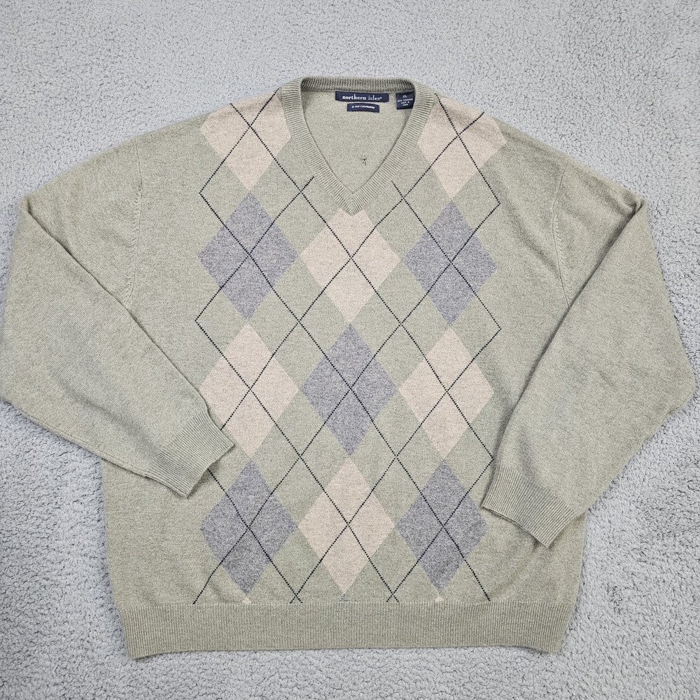 Northern Isles Sweater Mens 2XL Argyle 2 ply Cashmere V Neck 100% Cashmere