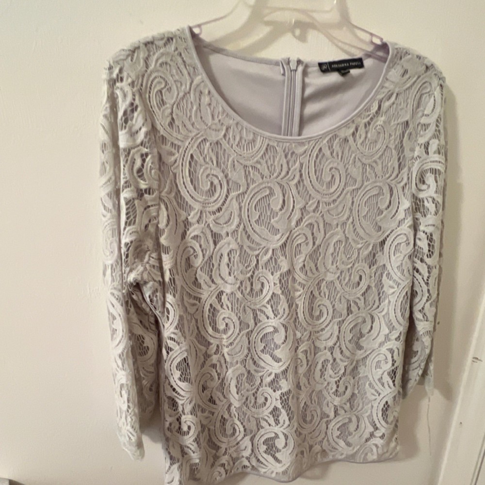 Adrianna Papell Green Lace Paisley Blouse Round Neck 3/4 Sleeve Zip Back M