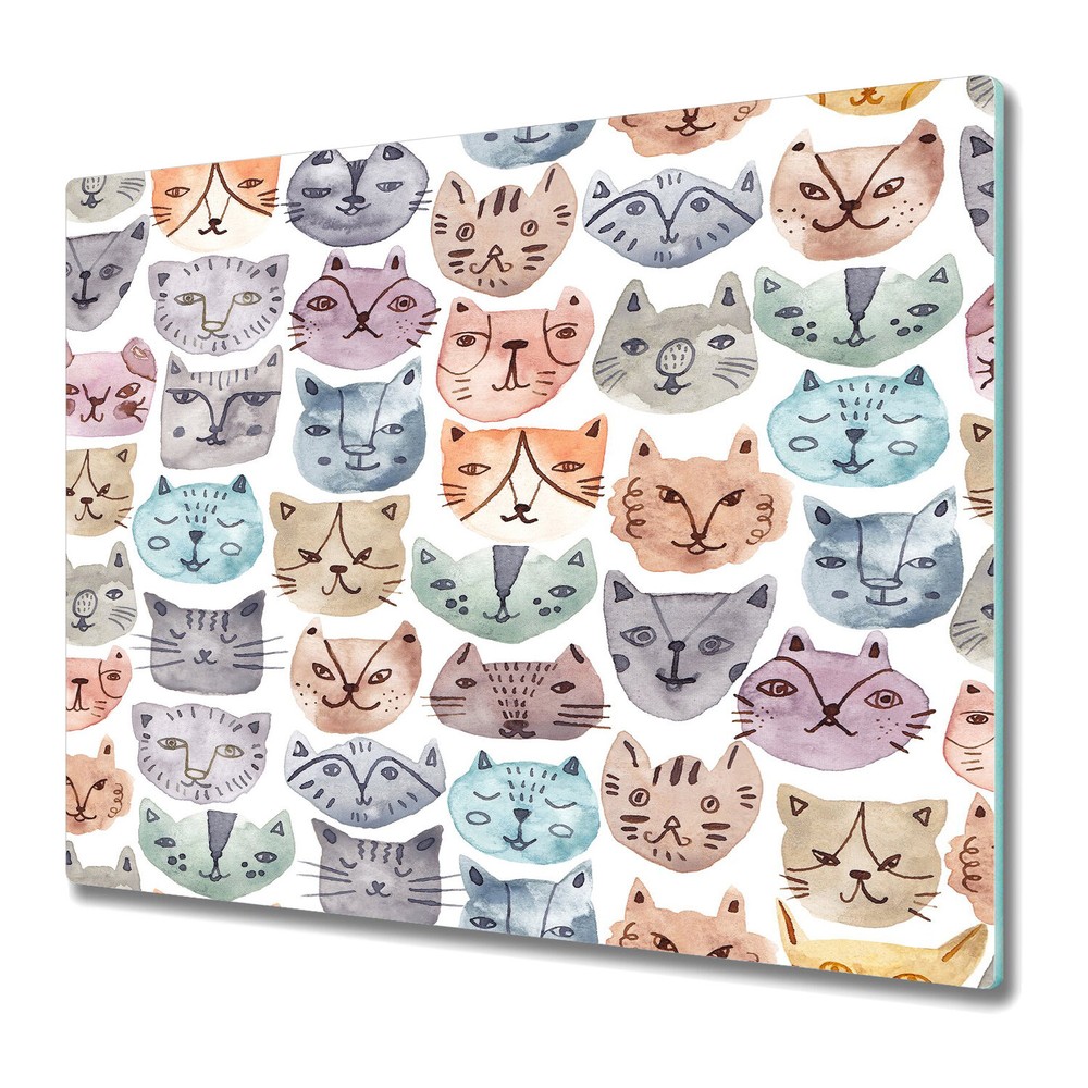 Glass Worktop Kitchen Chopping Board Cute Watercolour Cats Abstract 60x52