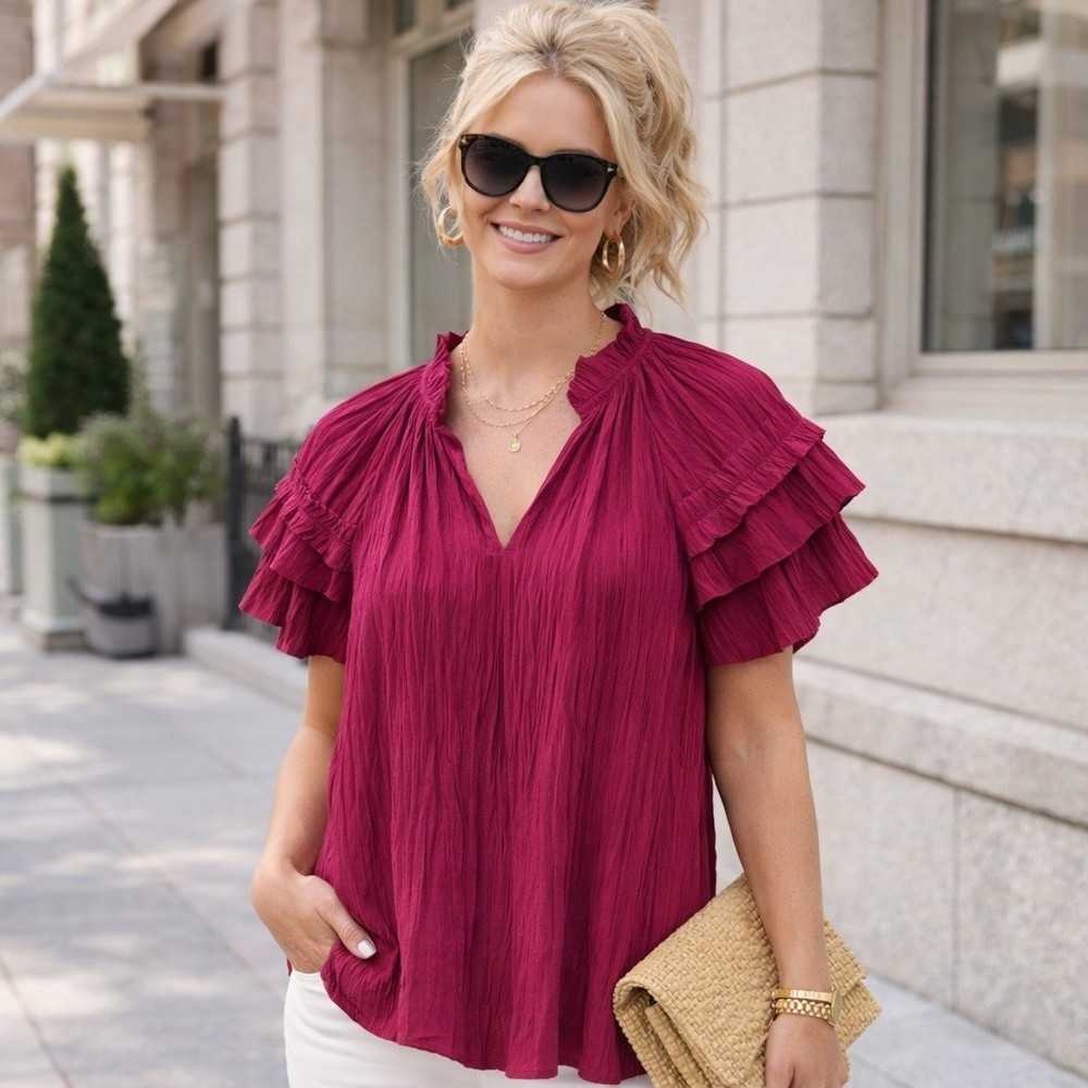 Chico's Top Size 0.5 (US 6 S) Berry Sea Island Ruffle Poly Pleated Crinkle Pink