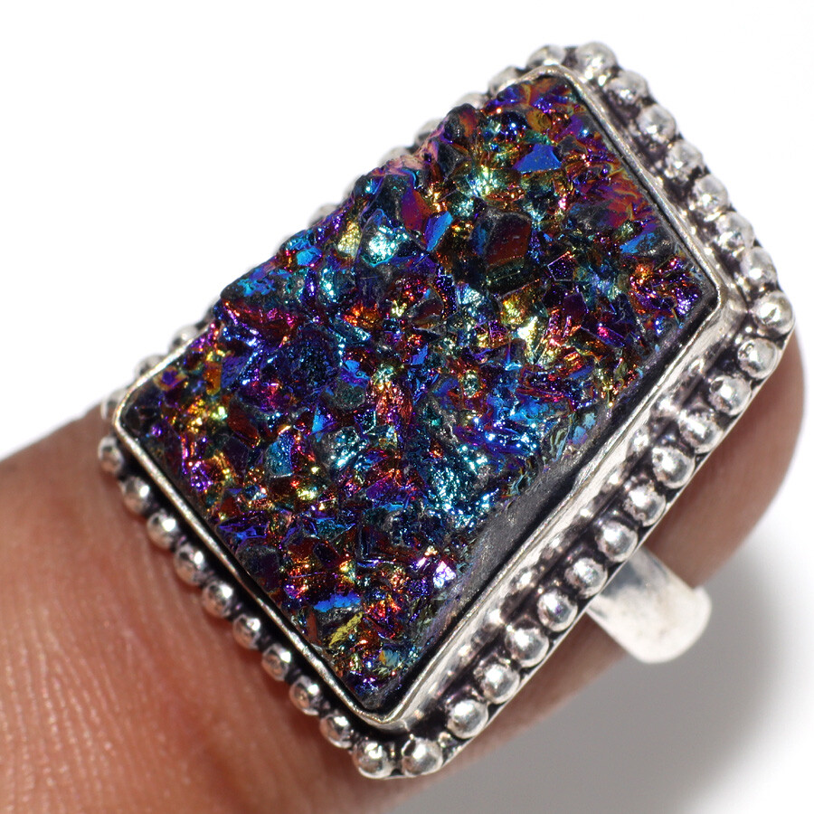 925 Silver Plated Titanium Druzy Jewellery Ring Handmade Size US 5.5 JW