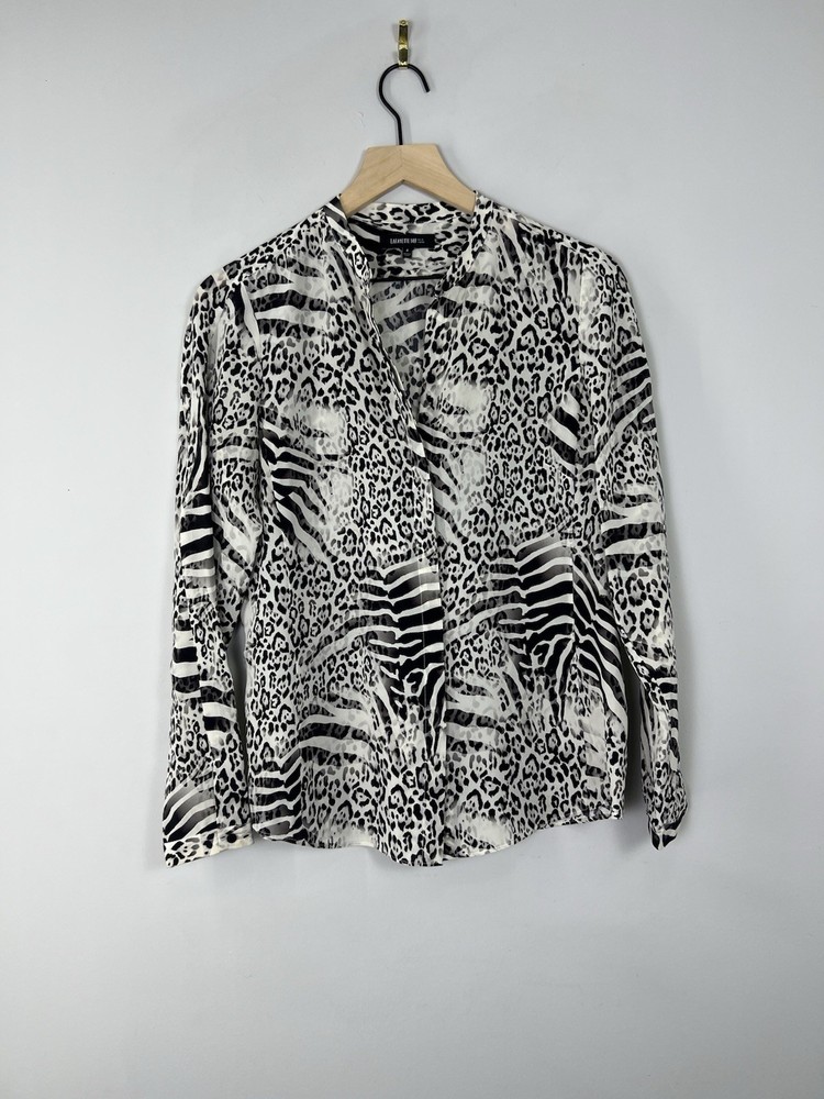 Lafayette 148 New York Silk Animal Print Button Blouse Black White Size 4
