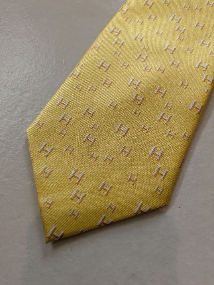 HERMES Necktie Tie Yellow All over H Logo pattern 100% Silk Made in France Men's