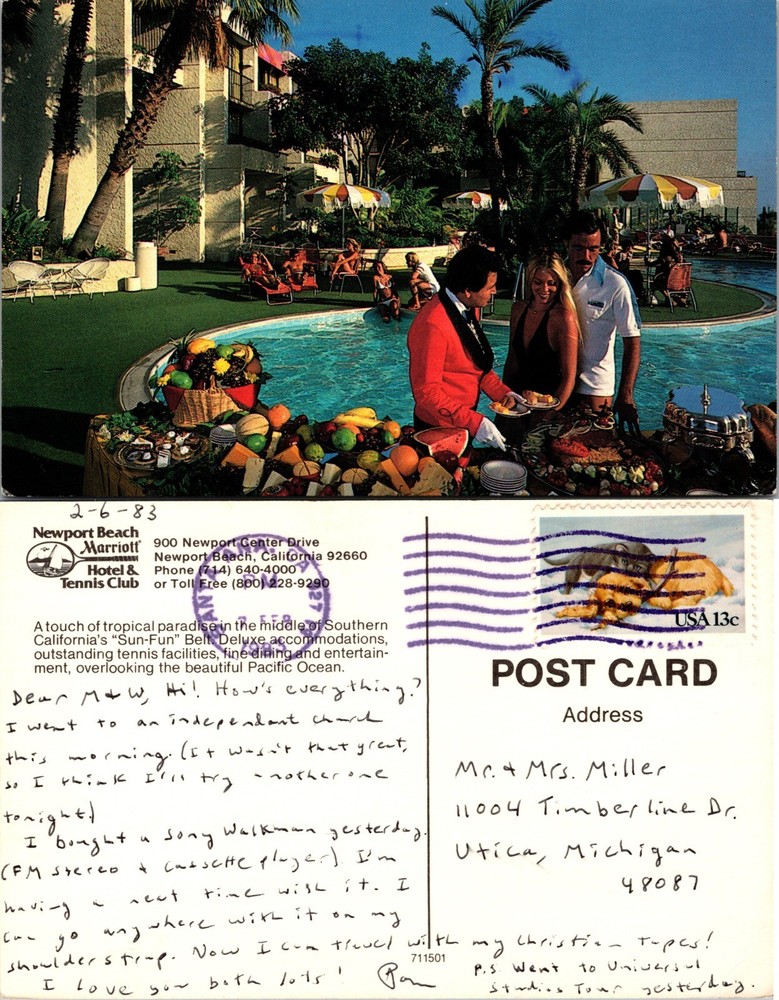 Marriott Hotel Poolside Scene Newport Beach California CA Postcard