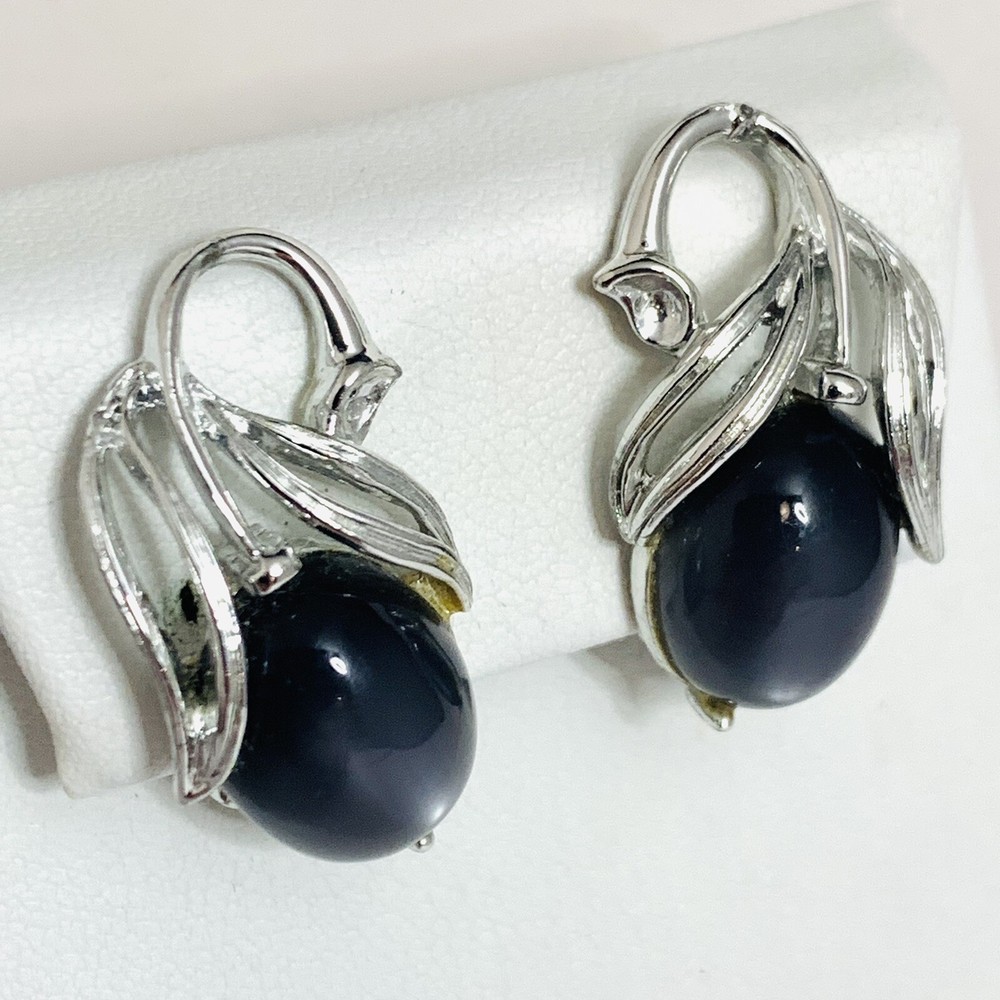 Vintage LISNER Signed Gray Moonglow Lucite Cabochon Silver Tone Clip Earrings