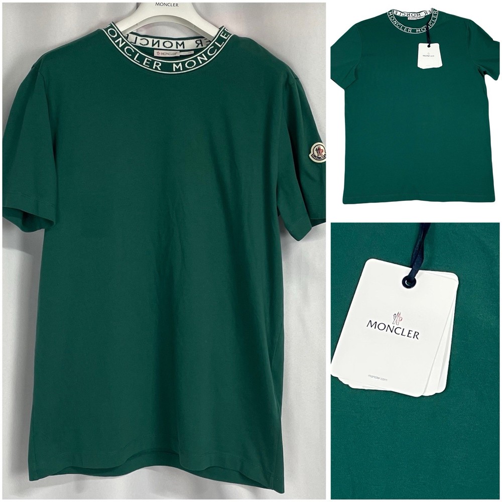 Moncler Medium Men's Green Short-Sleeve Shirt Logo Collar Patch Crest  New NWT