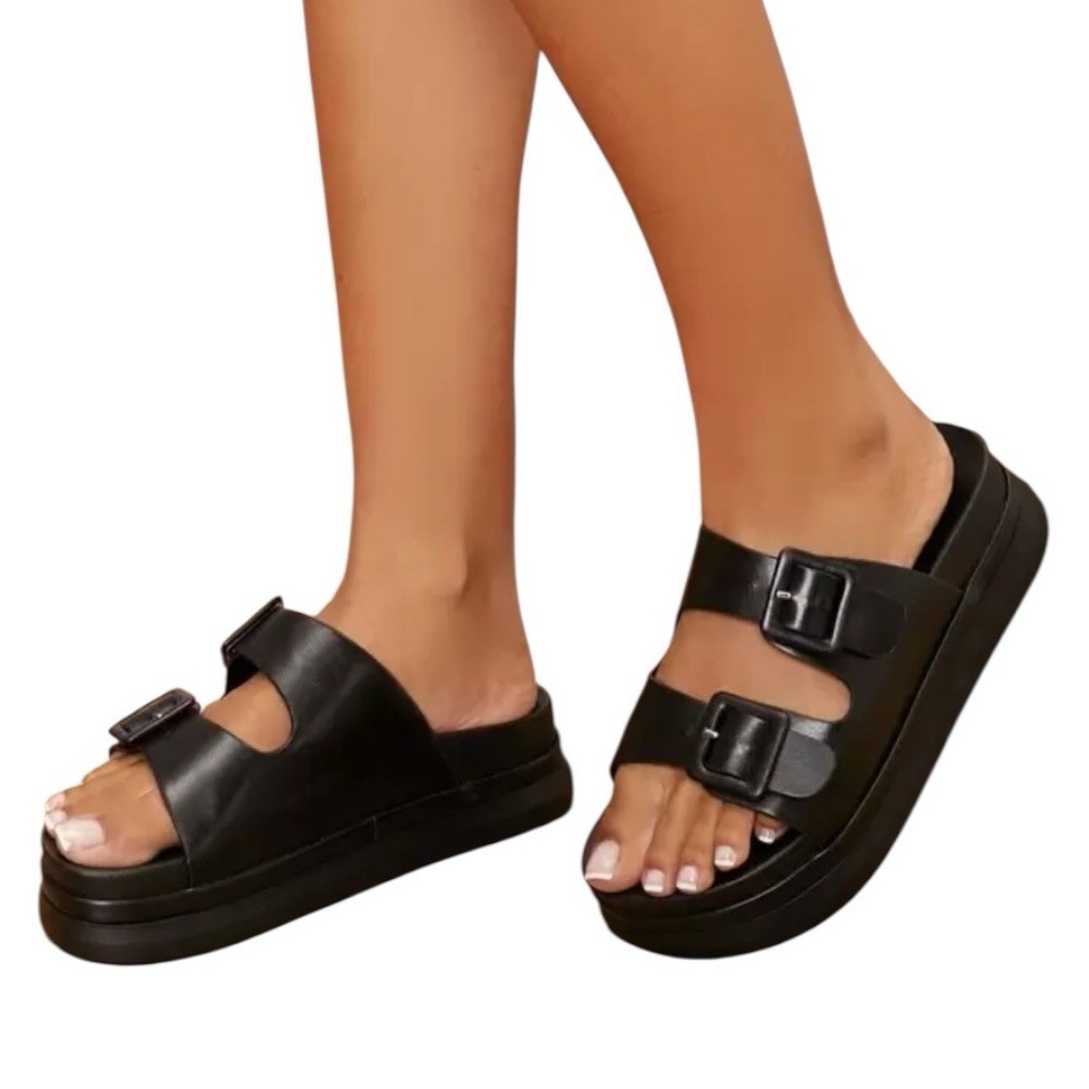 Dual Double Buckle Open Toe platform Bottom slip on sandals adjustable wide