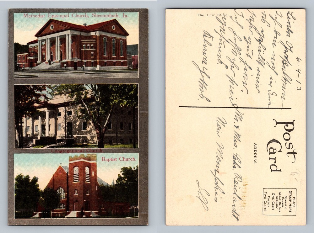 Shenandoah, IA-Iowa Methodist Episcopal Congregational Churches Vintage Postcard
