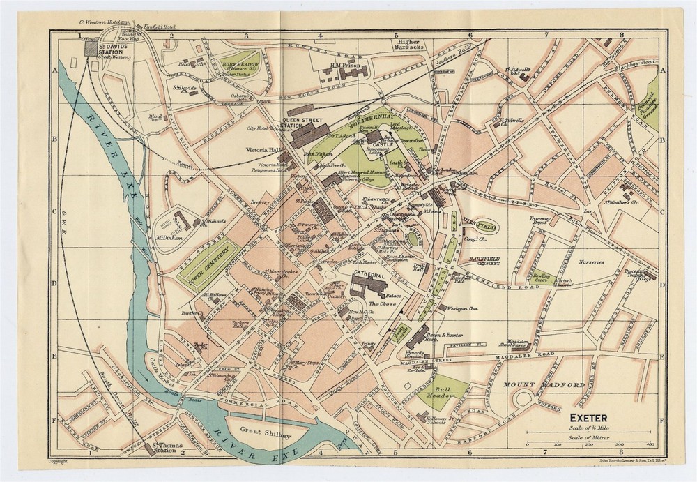 1924 Original Vintage City Map Of Exeter / Devon / England