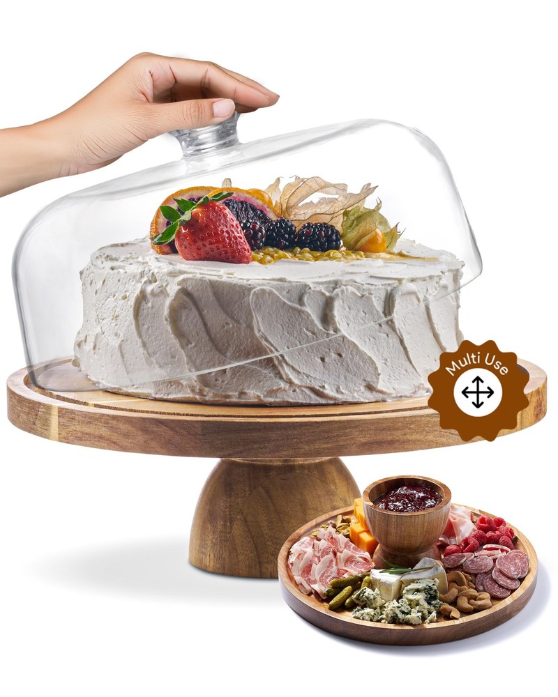 12in Acacia Wood Cake Stand with Lid - 2-in-1 Dessert Table Display-image