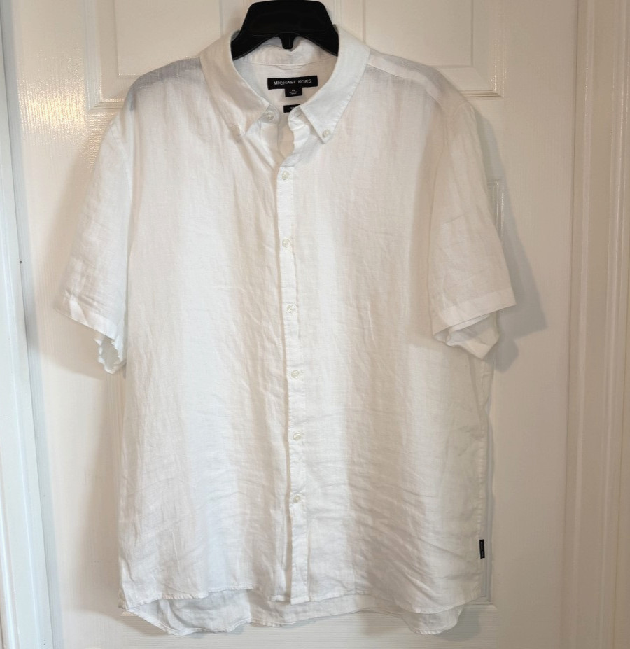 Michael Kors Womens White Button Up Linen Shirt Slim Fit XL Short Sleeve Classic