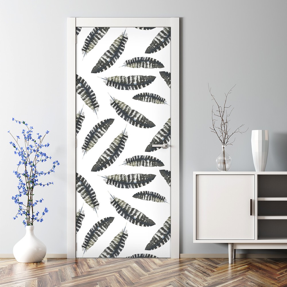 Boho Feathers Black and White Boho Pattern Bubble Free Door sticker
