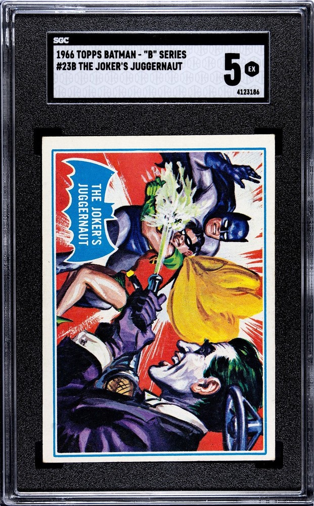 1966 TOPPS BATMAN BLUE BAT CARD #23B THE JOKER'S JUGGERNAUT SGC 5 EX Graded