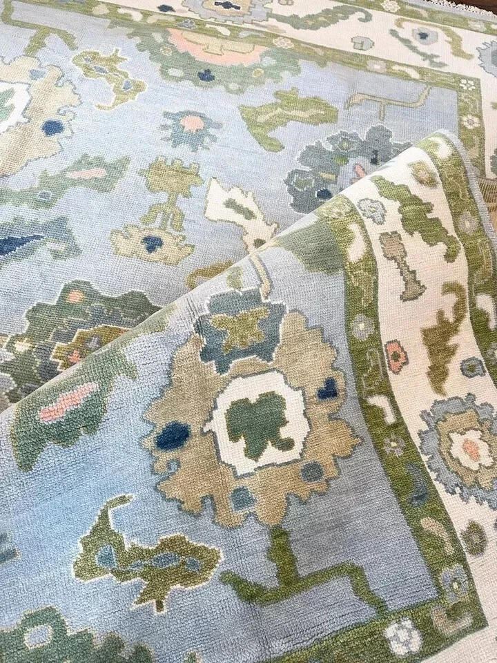 Green Blue Hand Knotted Oushak Rug Turkish Wool Area Carpet For Living Room 8x10