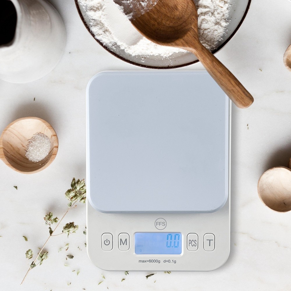 Kitchen High Precision Scale, LCD Display, Up to 13 lbs. (6 kg) in oz/g - White