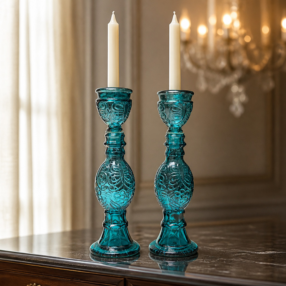 Vtg Empoli Blue Glass Italian Genie Bottle Decanter & Candlestick Holder, 8.5